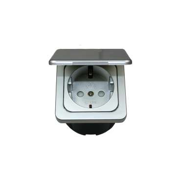 Prise 230V Schuko + entourage + cabochon + couvercle - Argenté