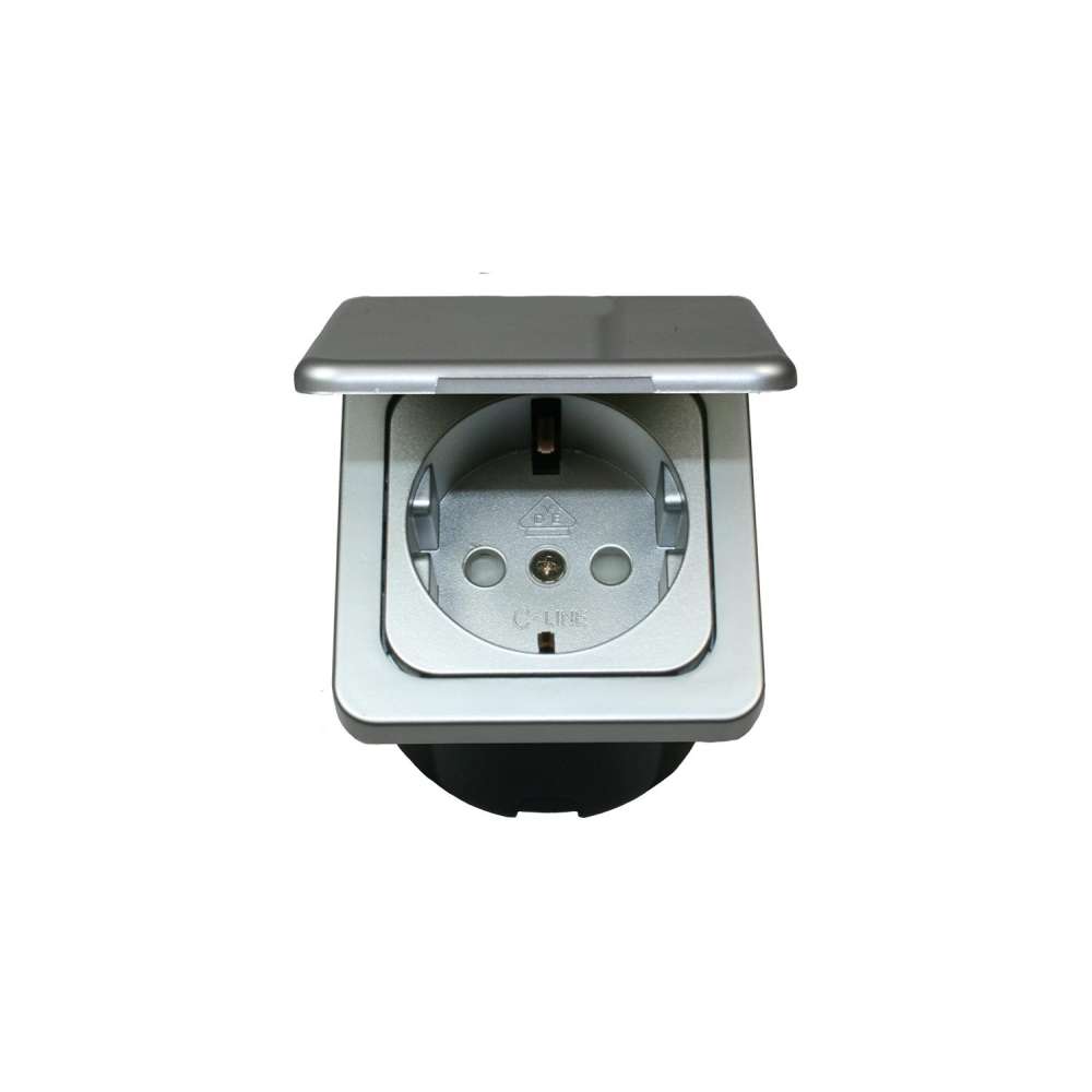 Prise 230V Schuko + entourage + cabochon + couvercle - Argenté